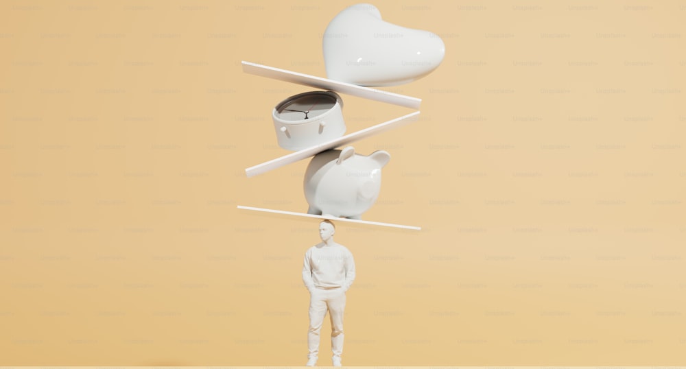 une sculpture blanche d’un homme tenant en équilibre une théière et une bouilloire