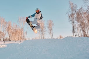 a snowboarder is doing a trick in the air