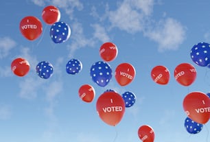 a bunch of red, white and blue balloons with the words vote written on them
