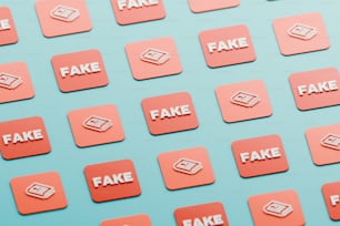 botões falsos e falsos em um fundo azul e rosa