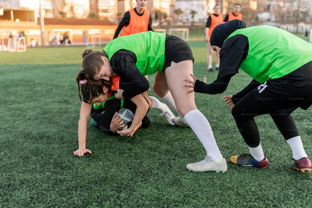 a group of people on a field playing soccer