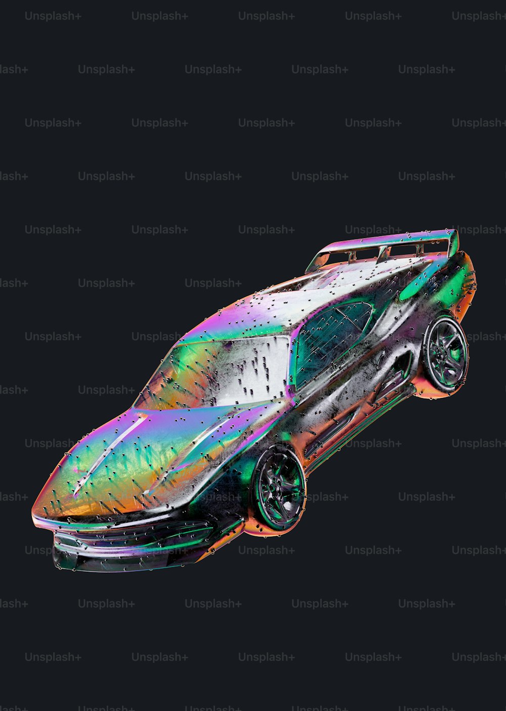 Un coche colorido se muestra sobre un fondo negro