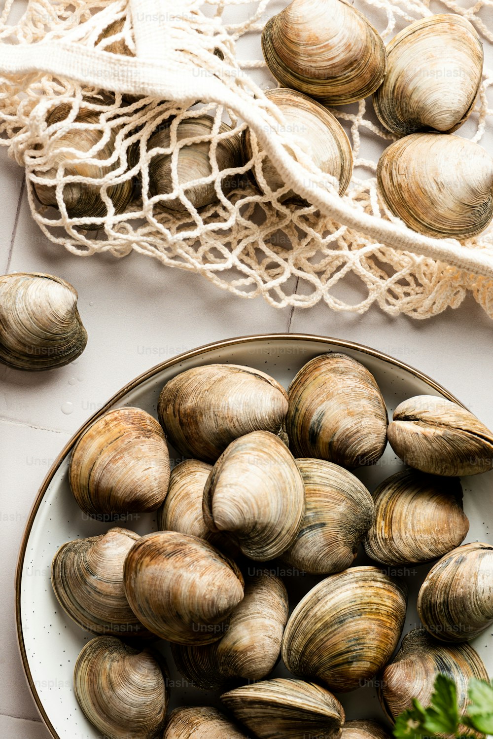 a bowl of clams on a table