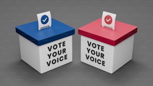 Dos urnas de votación con Vota Tu Voz escrito en ellas