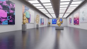 uma sala cheia de pinturas e esculturas