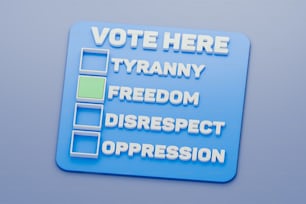 Ein blaues Schild "Vote here" an einer Wand