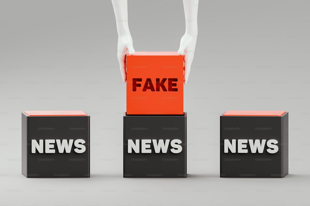 fake news cubes with fake hands holding fake news cubes