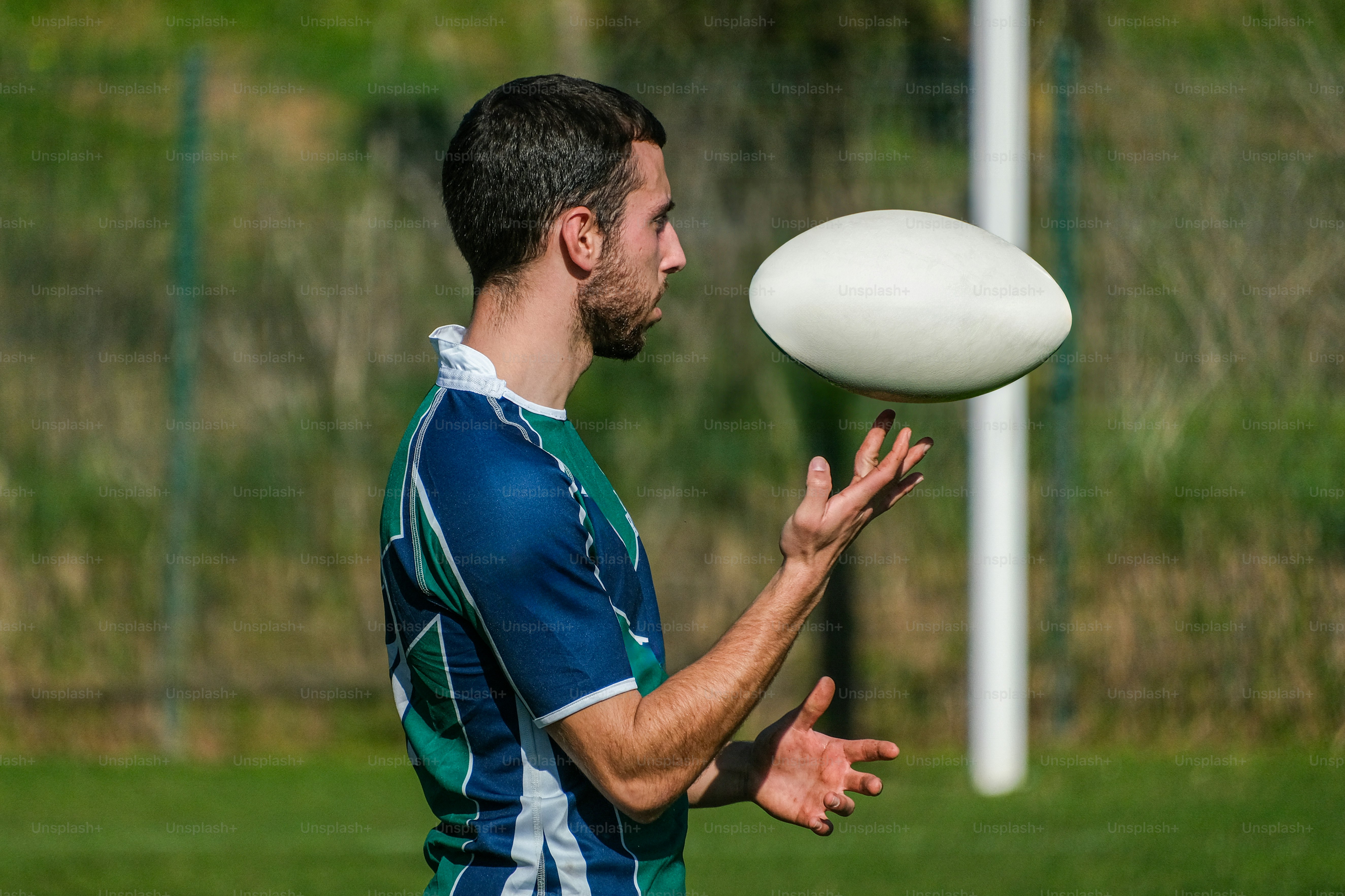 A man holding a white frisbee on top of a lush green field photo ...