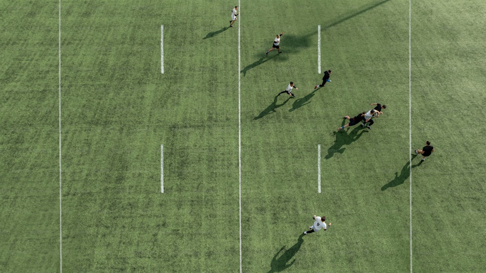 a group of people running across a lush green field