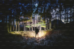 a man standing in the middle of a forest at night