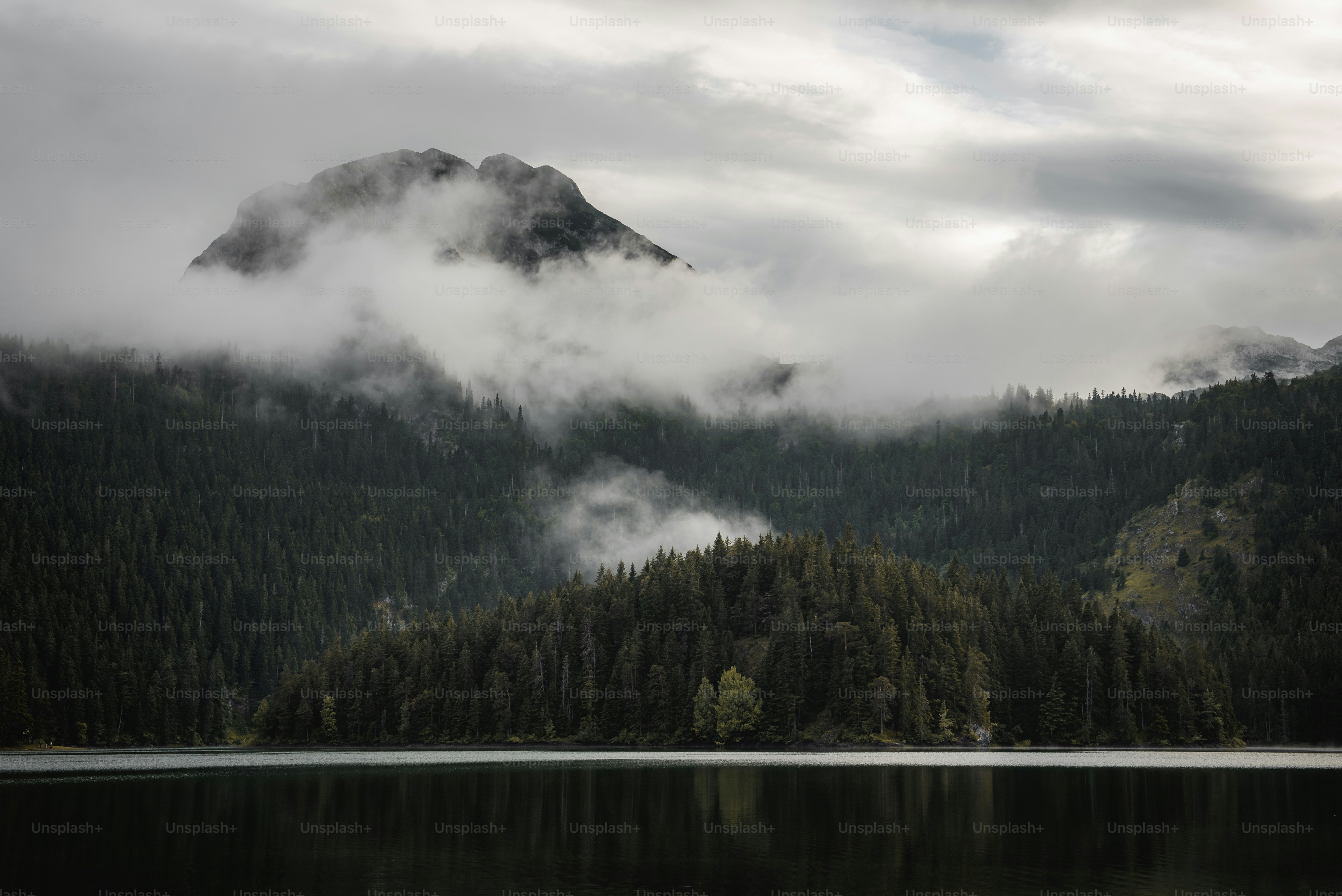 a lake surrounded by a forest with a mountain in the background