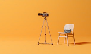 a chair and a camera on a tripod