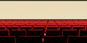 白いスクリーンの前に赤い椅子が並んでいる