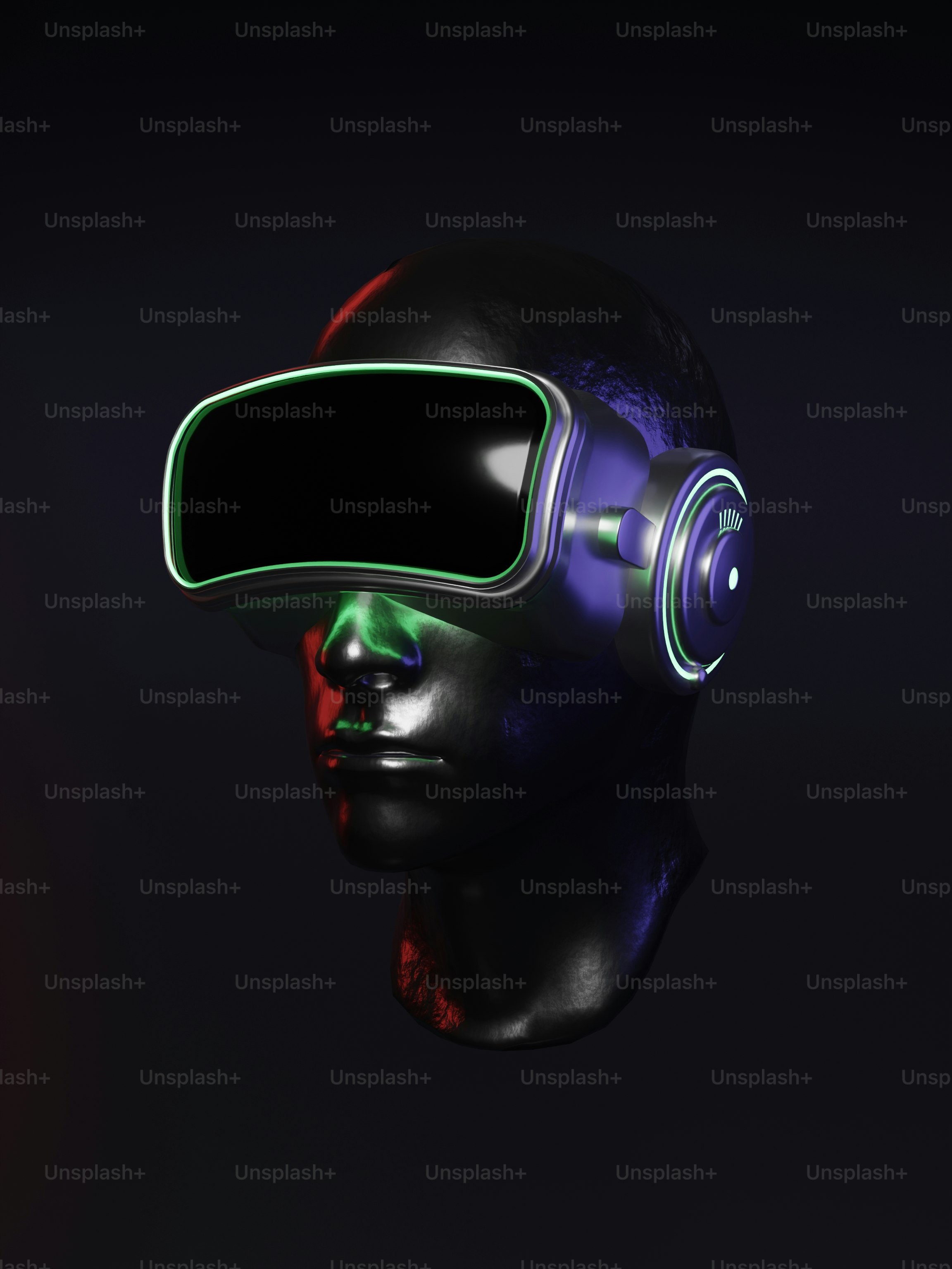 um manequim preto com uma luz verde na cabeça