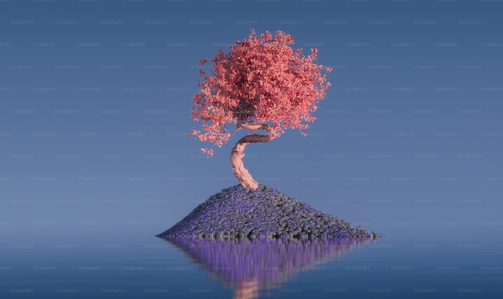 a tree on top of a small island in the middle of the ocean