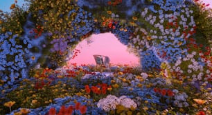 una pintura de una silla rodeada de flores