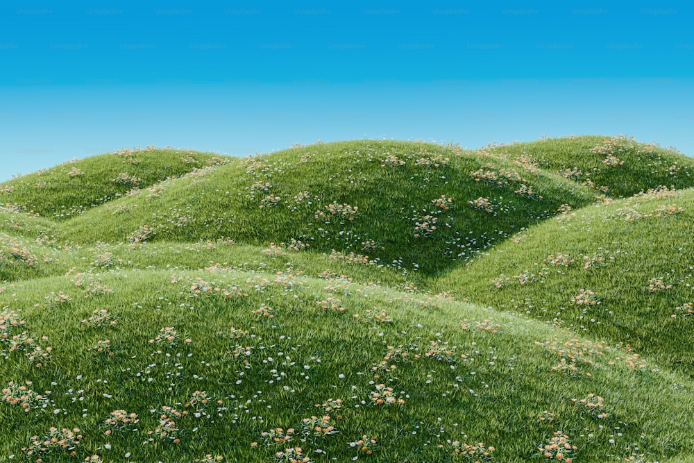 ein Gemälde eines Feldes mit Gras und Blumen