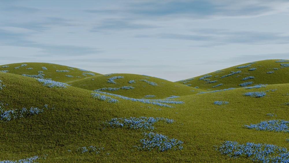 a group of green hills with blue flowers on them