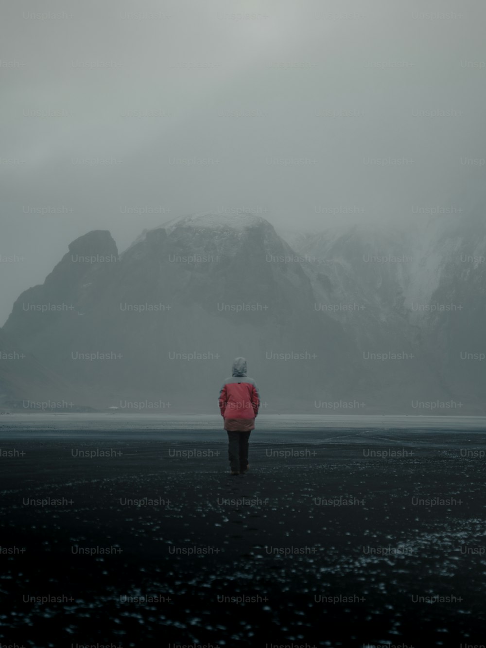 una persona in una giacca rossa in piedi su una spiaggia