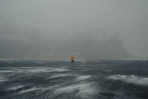 a person standing in the middle of a large body of water