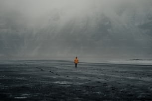 a person walking on a beach with mountains in the background