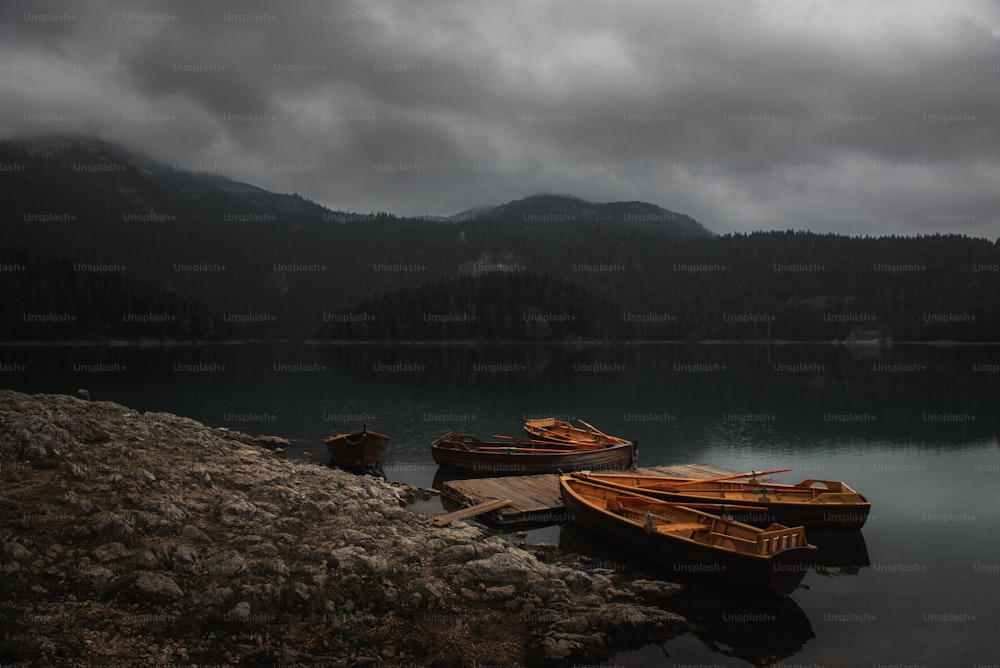 um par de pequenos barcos sentados no topo de um lago