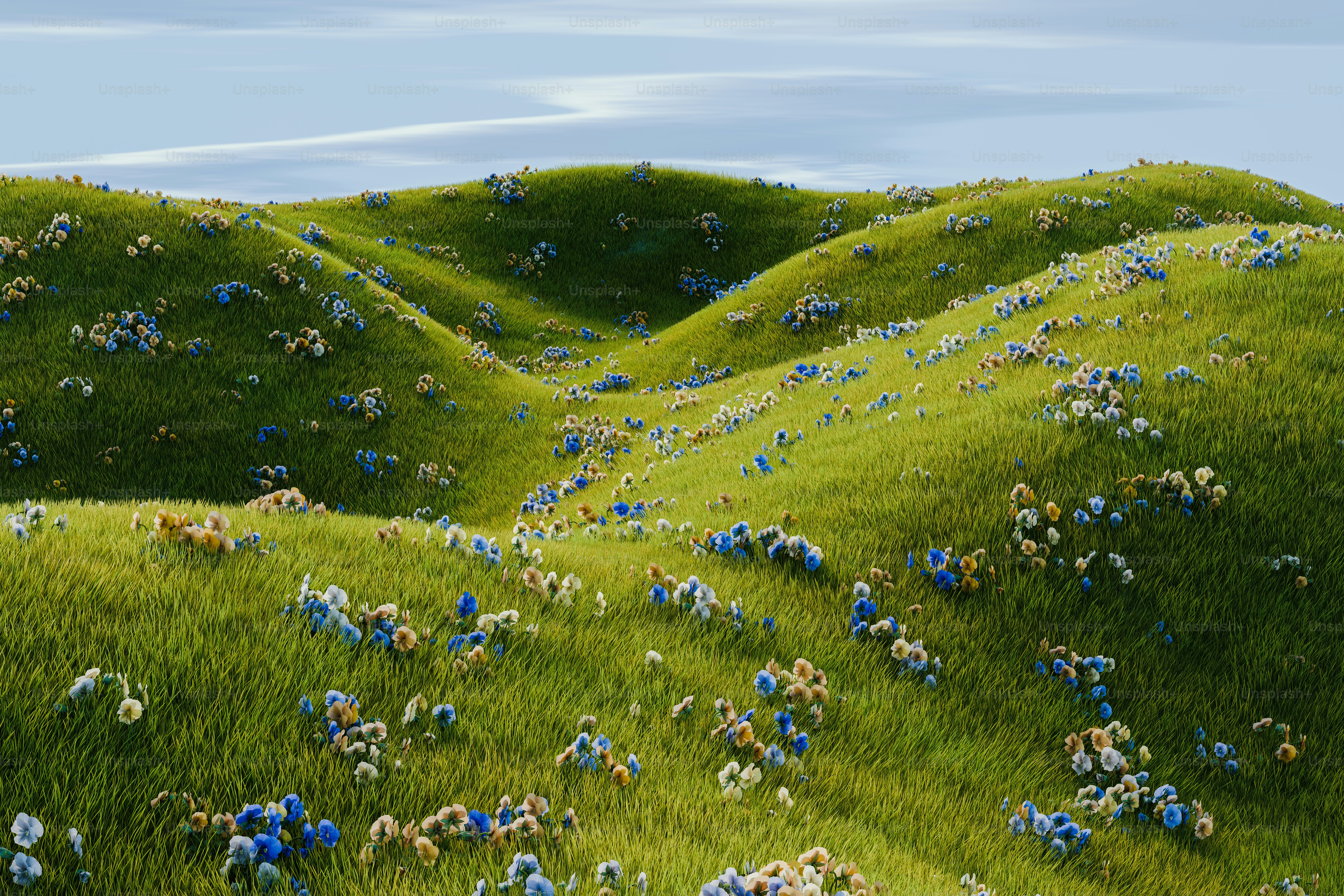 A painting of blue flowers growing on a grassy hill photo – Wallpaper Image  on Unsplash, image size:3000x2000