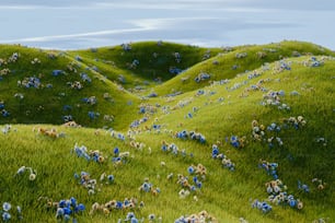 a painting of blue flowers growing on a grassy hill