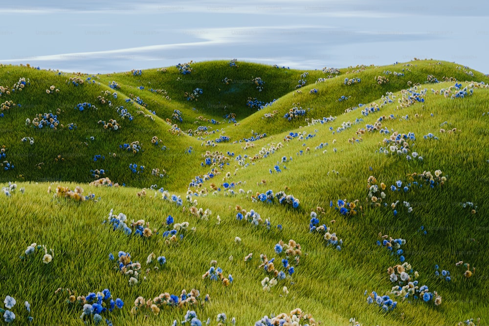 une peinture de fleurs bleues poussant sur une colline herbeuse