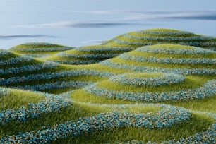 a painting of a grassy area with blue flowers