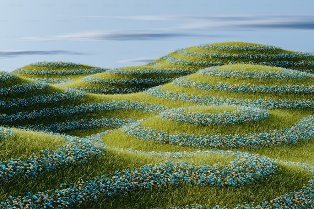 uma pintura de uma área gramada com flores azuis