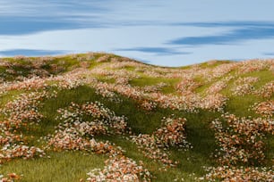 ein Gemälde eines grasbewachsenen Hügels, der mit Blumen bedeckt ist