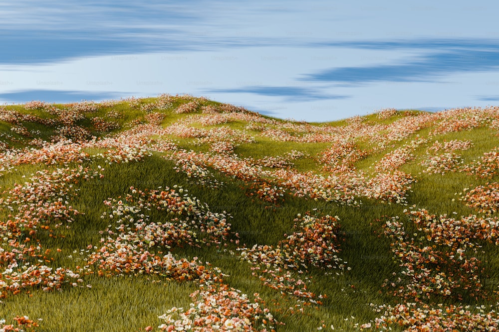uma pintura de uma colina gramada coberta de flores