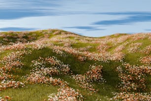 a painting of a grassy hill covered in flowers