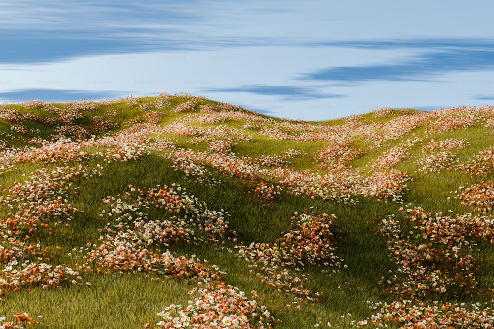 a painting of a grassy hill covered in flowers