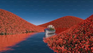 Un barco flotando sobre un cuerpo de agua rodeado de flores rojas
