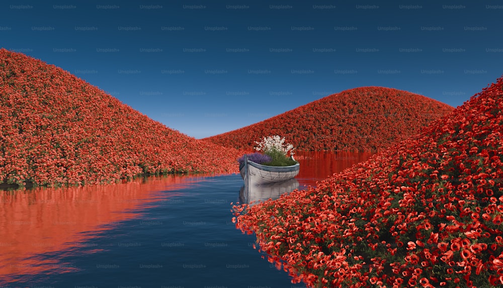 a boat floating on top of a body of water surrounded by red flowers