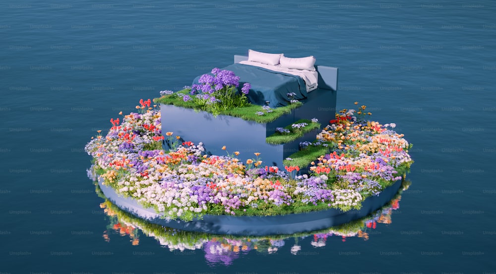 a floating bed made of flowers in the water