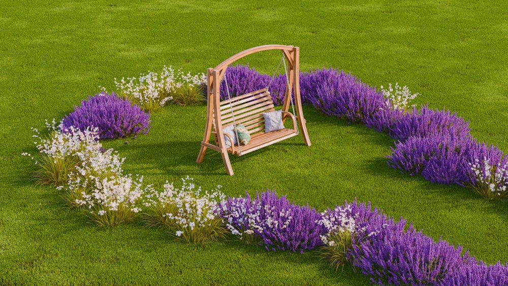 um banco de madeira sentado em cima de um campo verde exuberante
