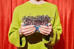 a woman holding a bunch of plants in her hands