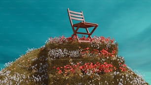 una silla de madera sentada en la cima de una colina cubierta de musgo