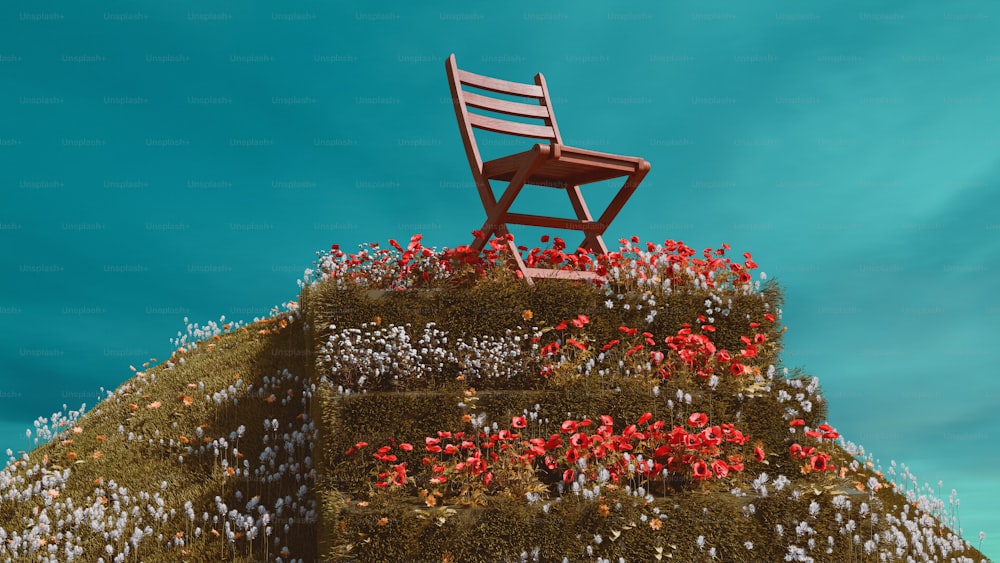 a wooden chair sitting on top of a moss covered hill