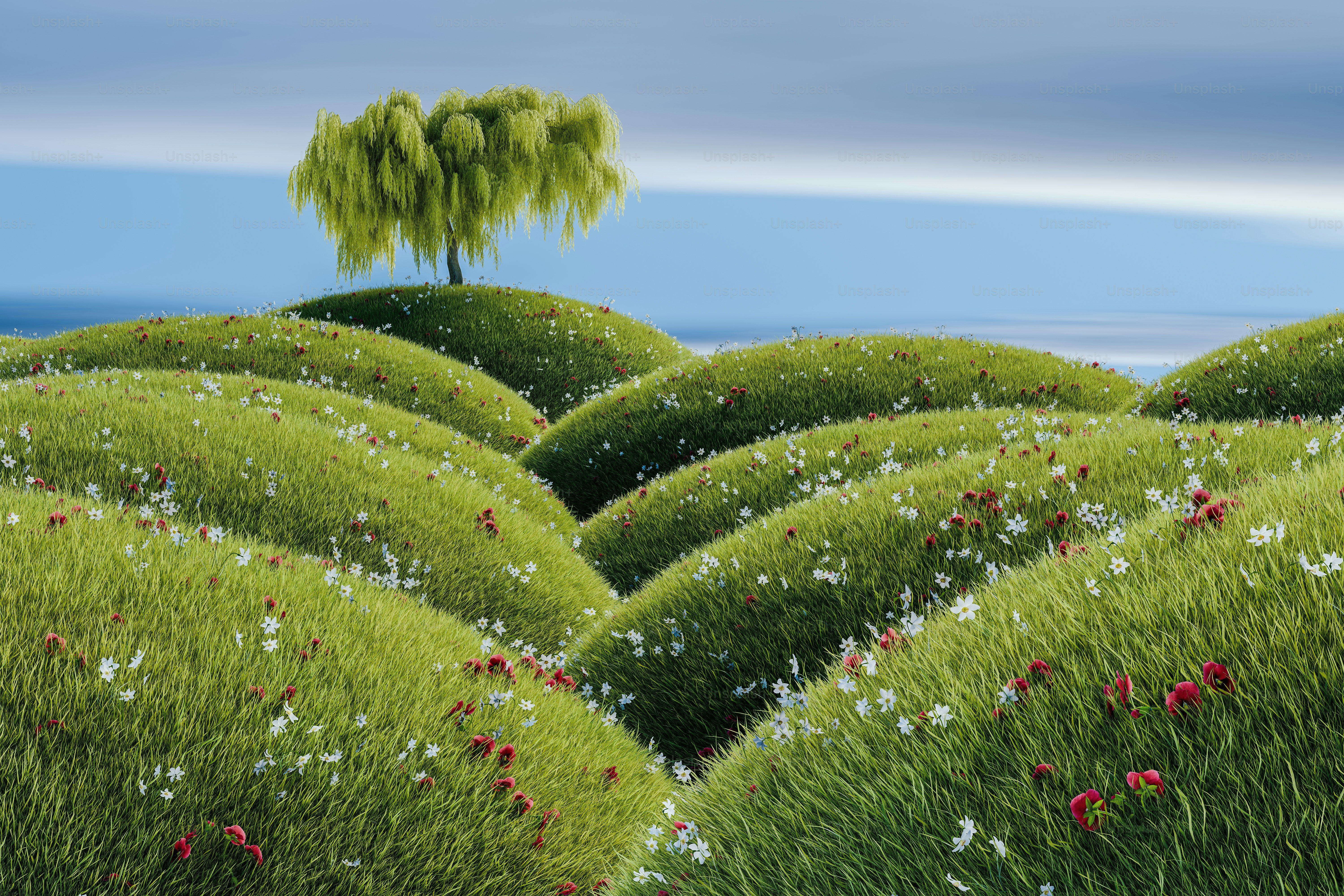 a painting of a tree in the middle of a field