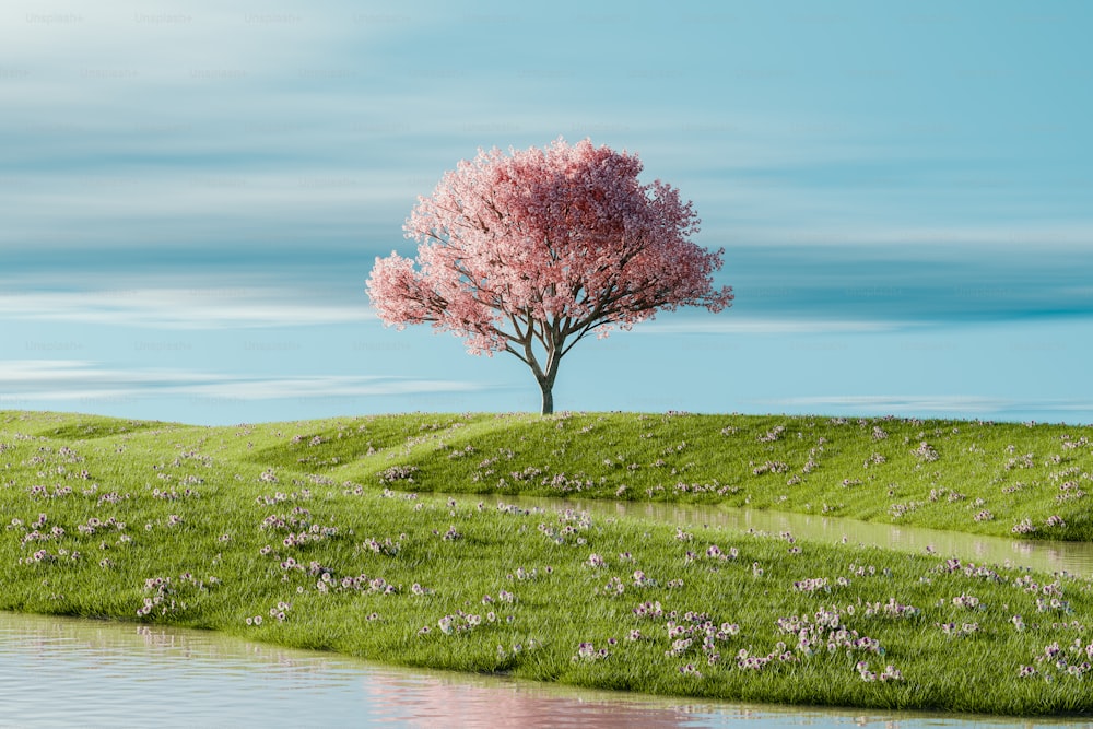 a pink tree in a grassy field next to a body of water