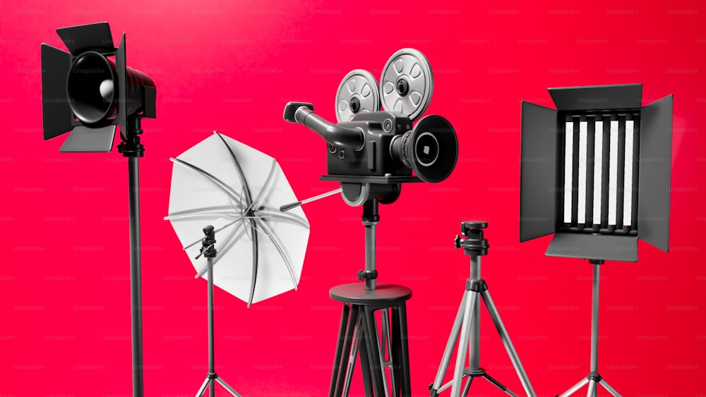 a bunch of different types of cameras and umbrellas