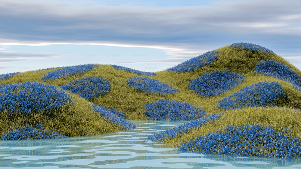 a painting of a river surrounded by blue flowers