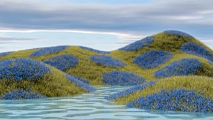 a painting of a river surrounded by blue flowers