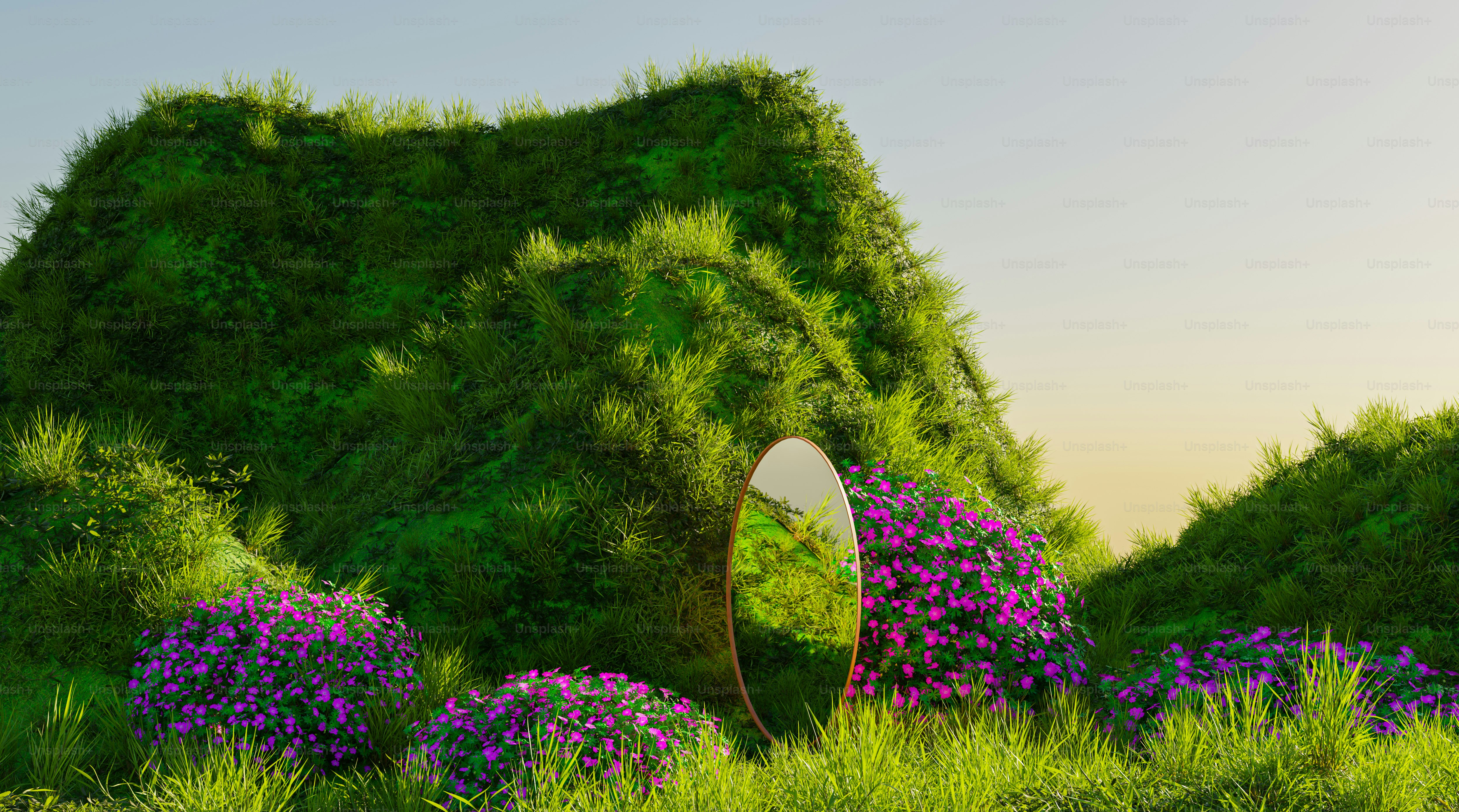 a painting of a mirror surrounded by purple flowers