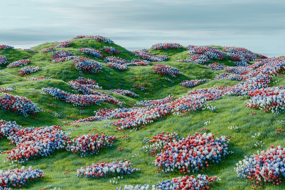 a painting of a hill covered in red, white and blue flowers