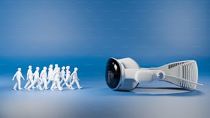 a group of small white people standing next to a speaker